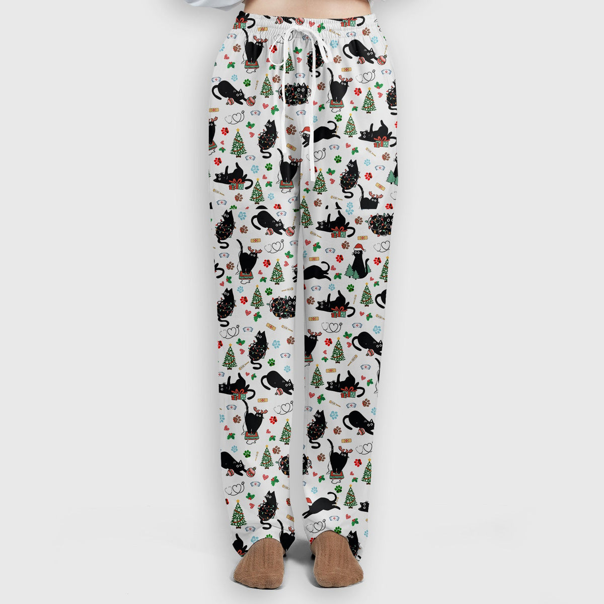 Black Cat Christmas Nurse Scrub Set, Festive Kitty Medical Uniform for Women