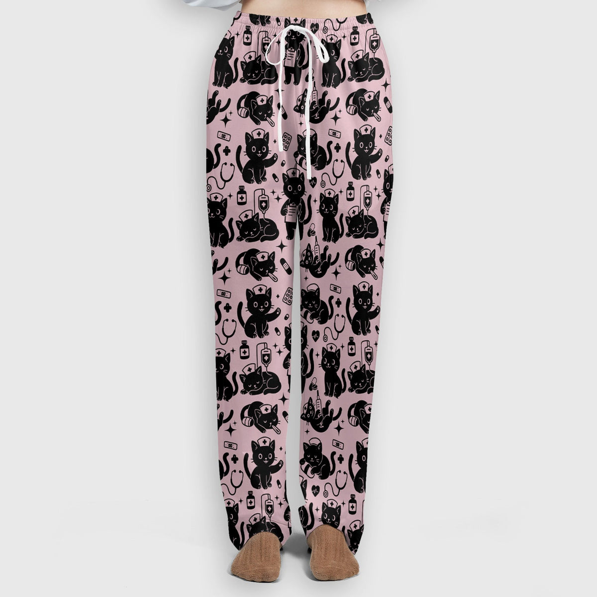 Cute White Black Cat Nurse Scrub Set