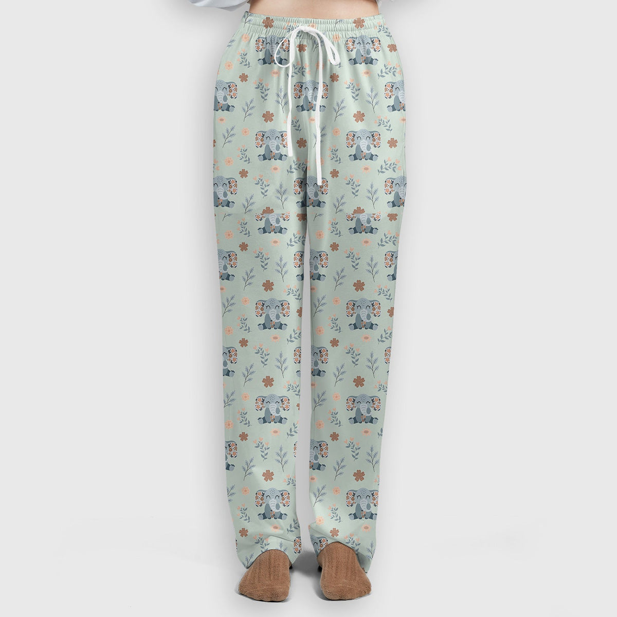 Cute Elephant Floral Print Scrub Set, Scrub Pants and V Neck Top