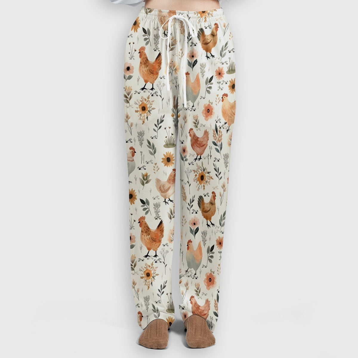 Charming Chicken Floral Farm Pattern Scrub Set, Scrub Pants and V Neck Top