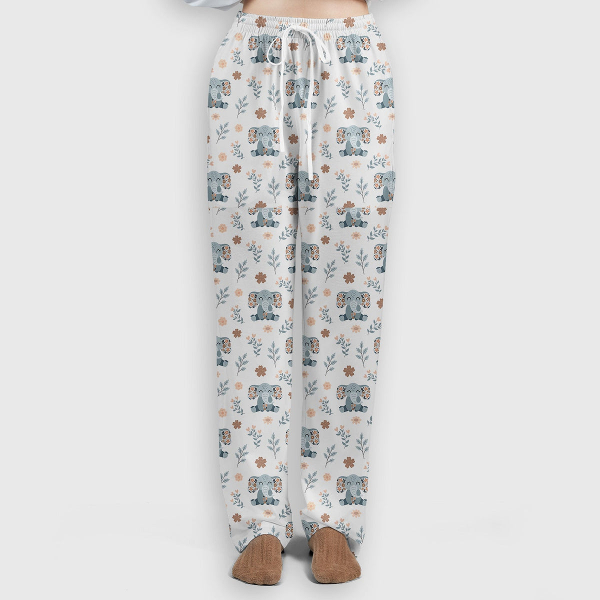 Cute Elephant Floral Print Scrub Set, Scrub Pants and V Neck Top
