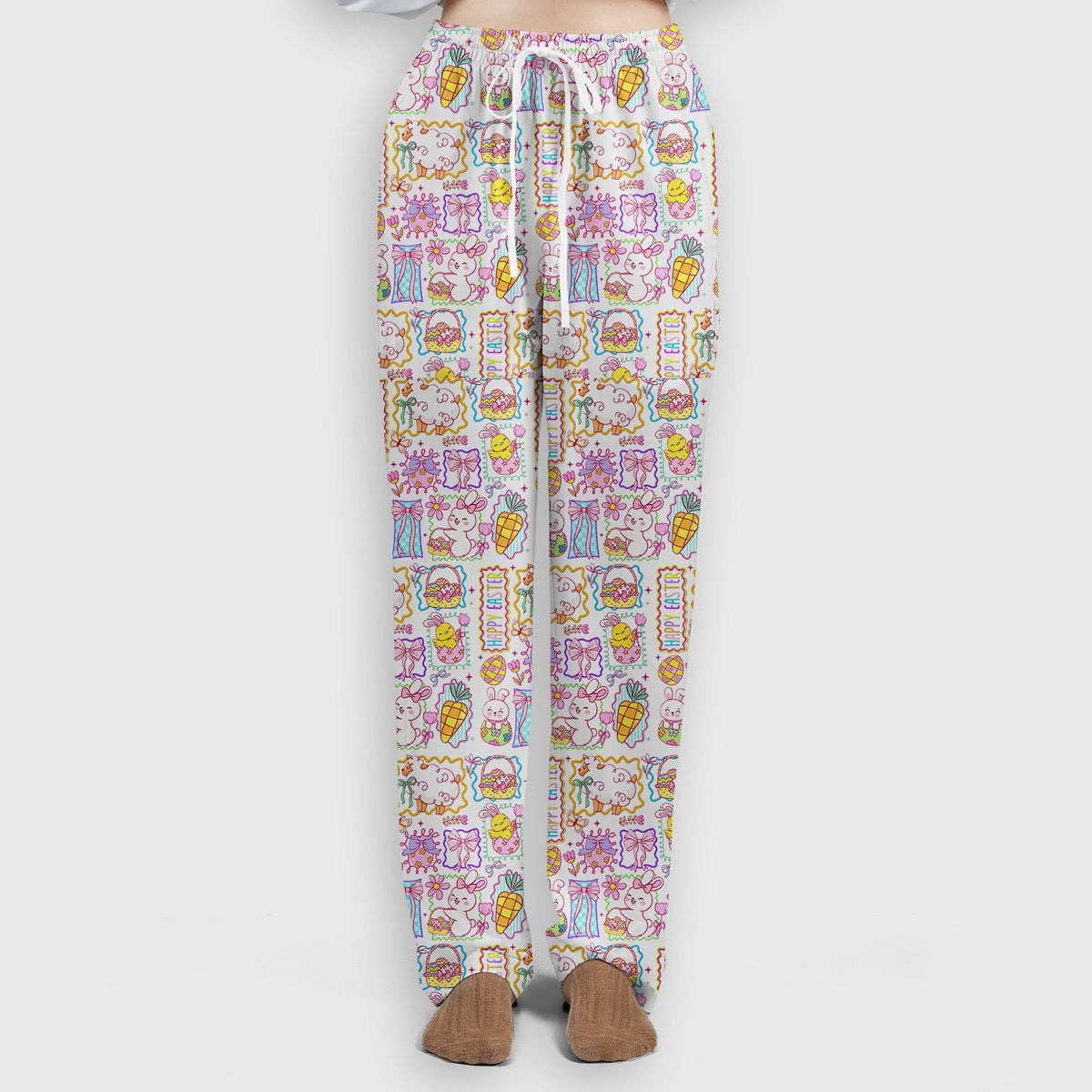 Cute Easter Bunny Egg and Bow Print Scrub Set, Scrub Pants and V Neck Top