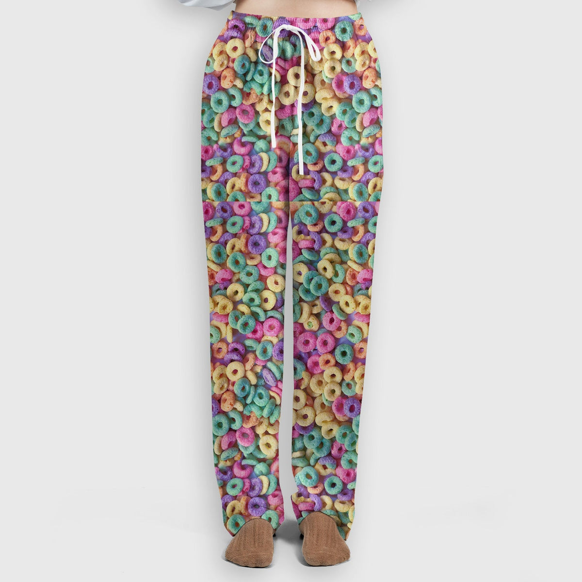Colorful Cereal Loops Pattern Scrub Set, Scrub Pants and V Neck Top