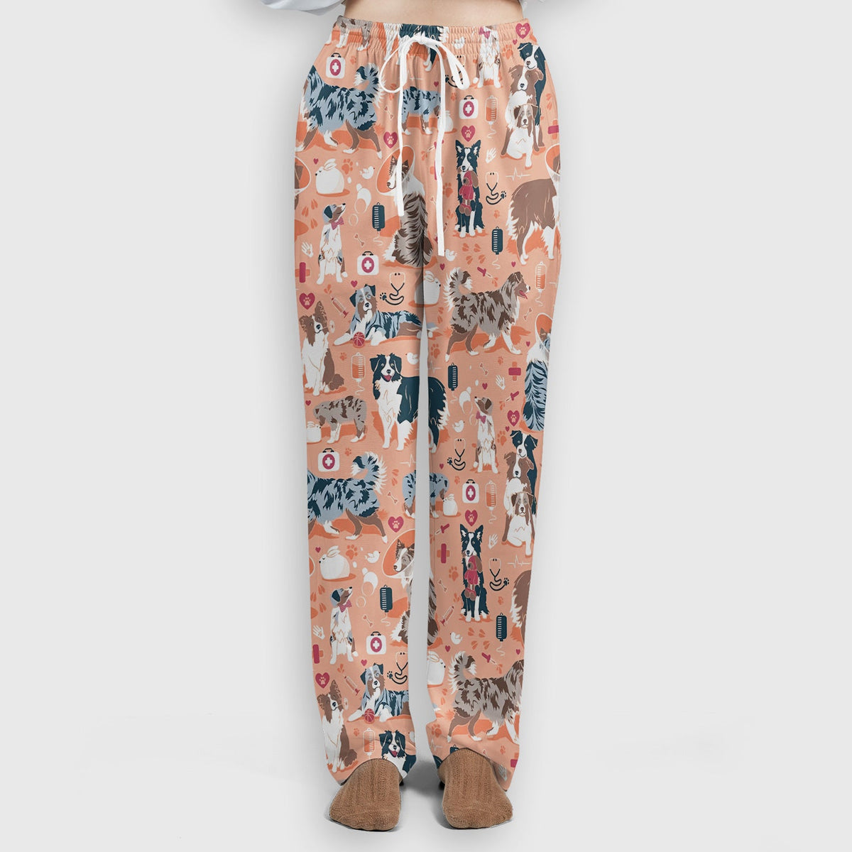 Cute Dog Pattern Women's Veterinary Scrub Set, Scrub Pants and V Neck Top