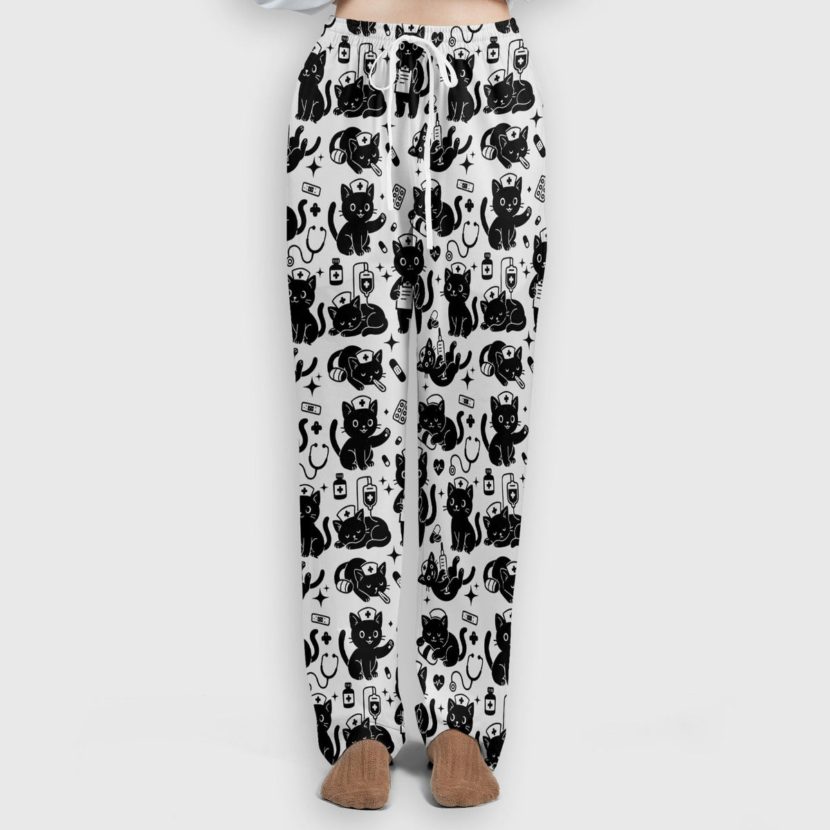 Cute White Black Cat Nurse Scrub Set