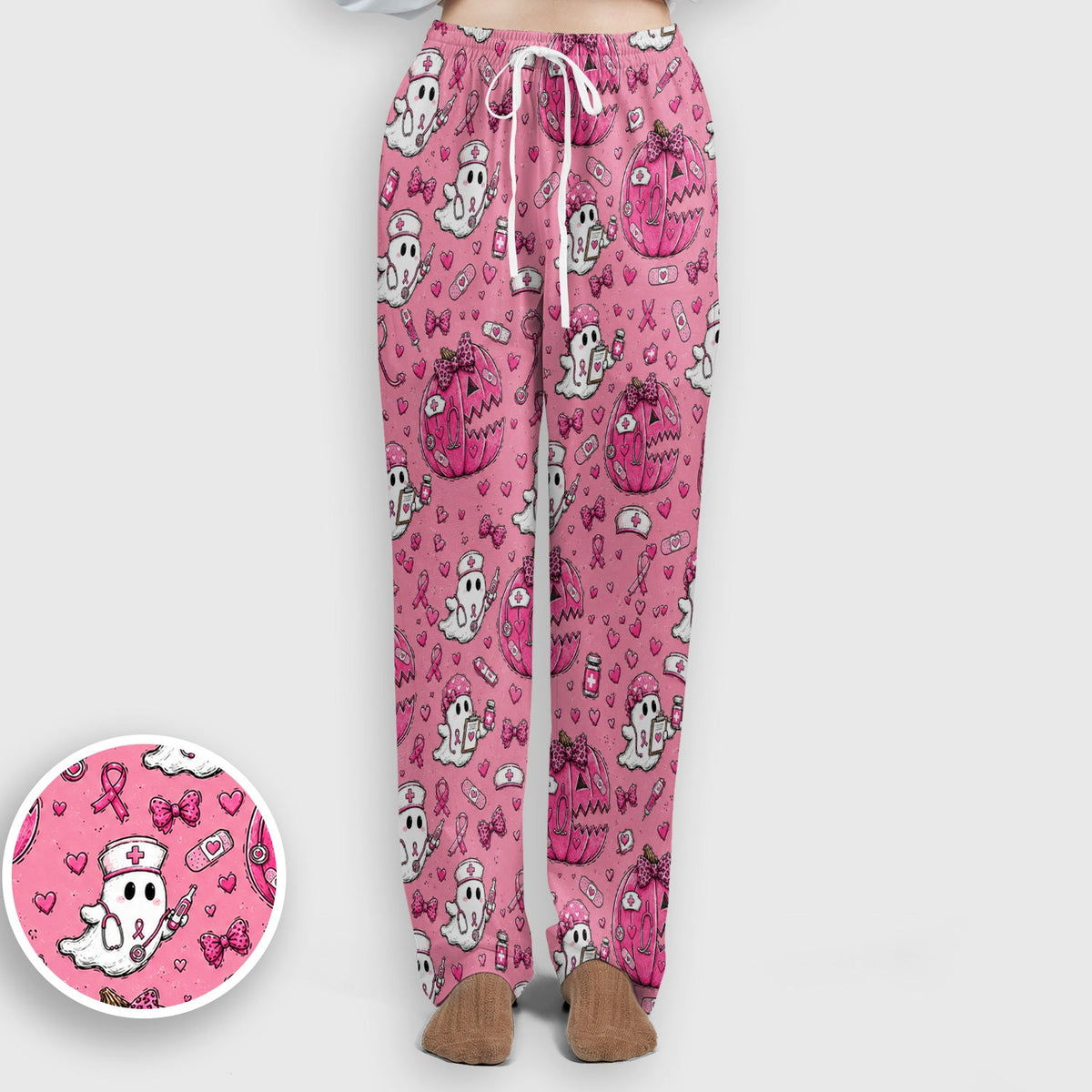 Pink Ribbon Ghost Pattern Nurse Scrub Set