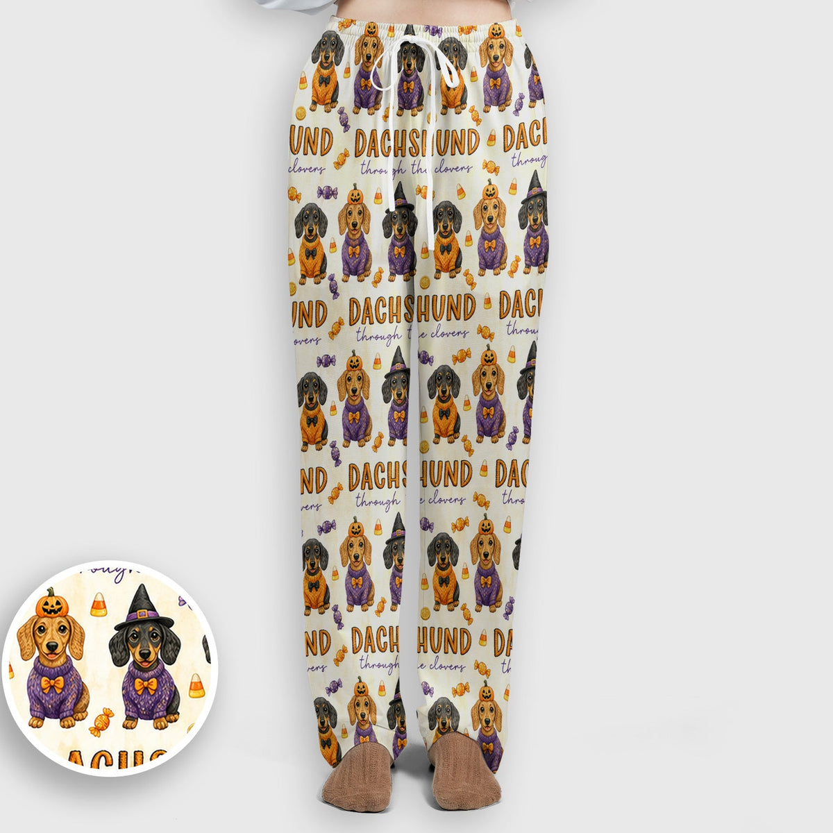 Candy Dachshund Pattern Scrub Set, Scrub Pants and V Neck Top