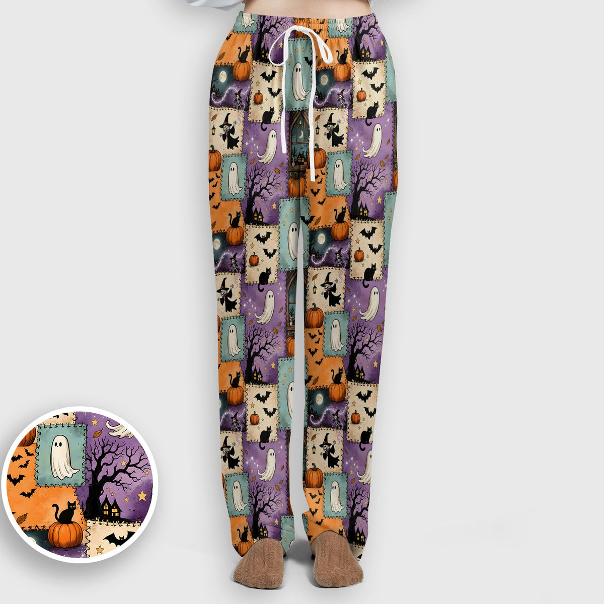 Spooky Ghost Black Cat Patchwork Nurse Scrub Set