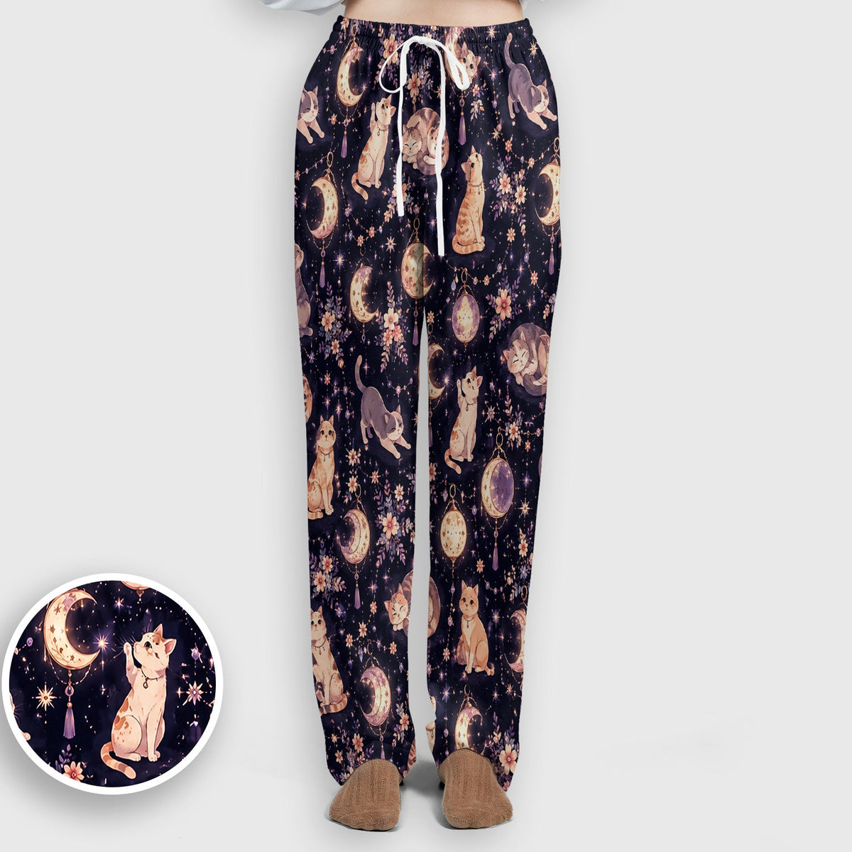 Celestial Cat Pattern Scrub Set, Scrub Pants and V Neck Top