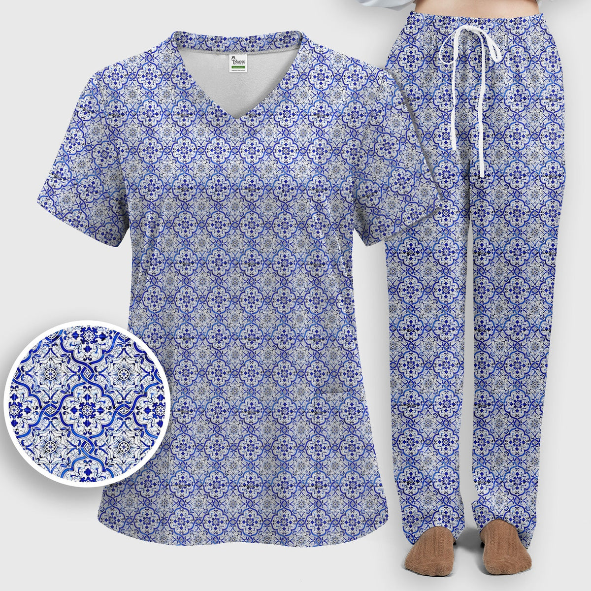 Blue Vintage Tile Floral Nurse Scrub Set