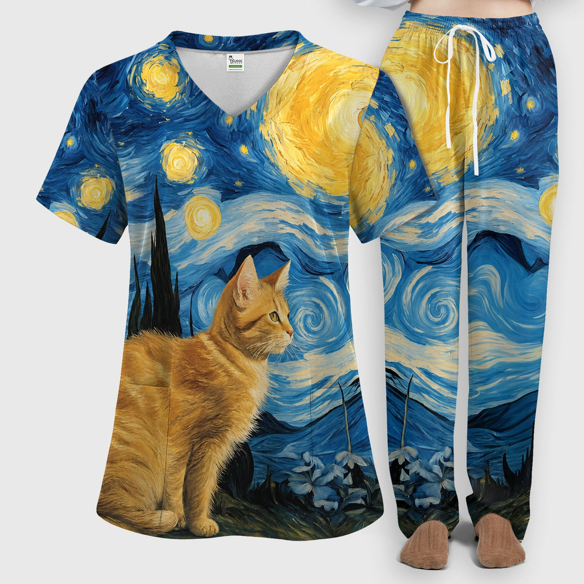 Swirling Moonlit Cat Scene Nurse Scrub Set