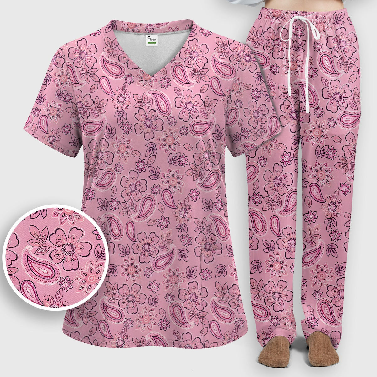 Pink Paisley Floral Nurse Scrub Set