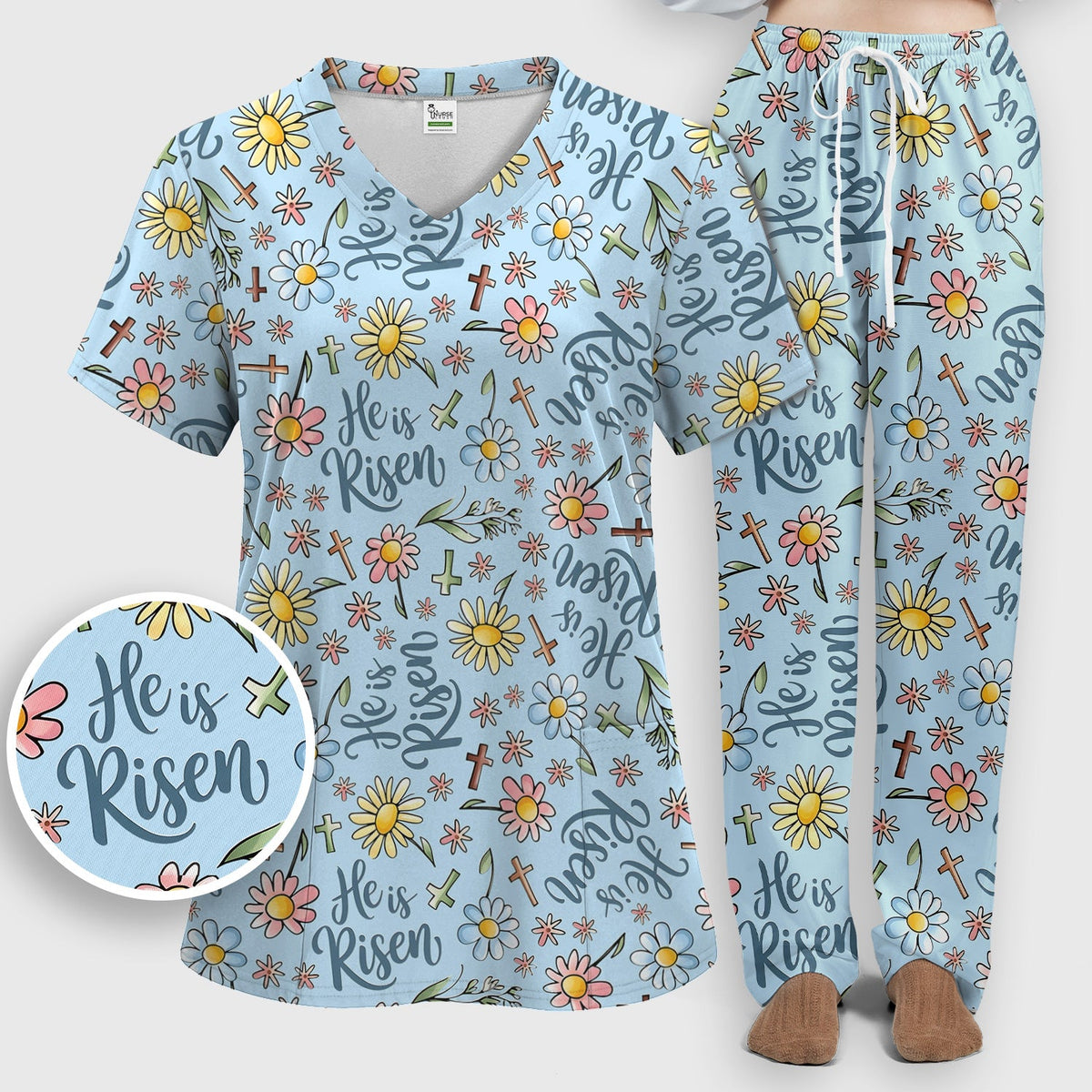 Risen Cross Flower Nurse Scrub Set - Easter Gift