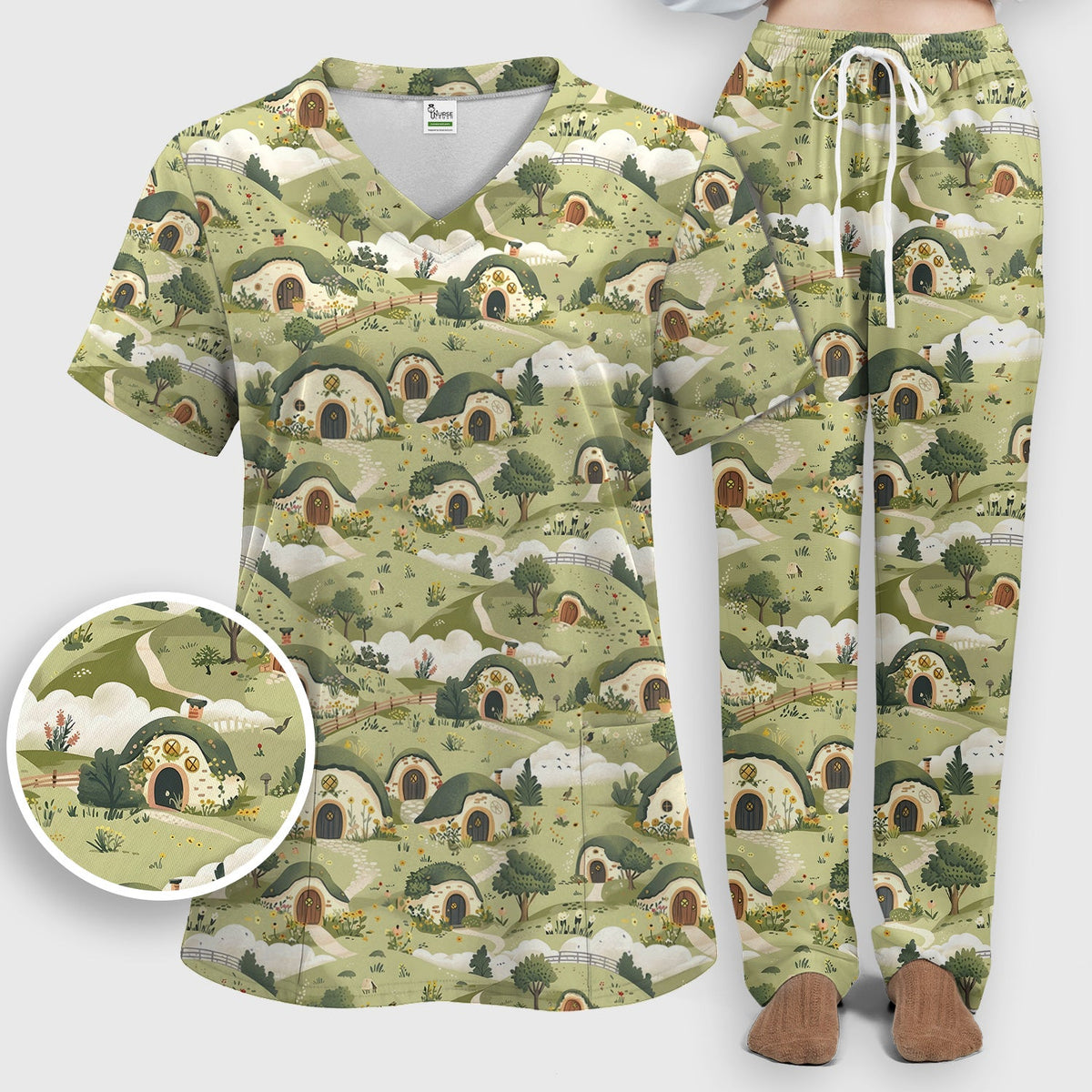 Cozy Hobbit Village Landscape Nurse Scrub Set