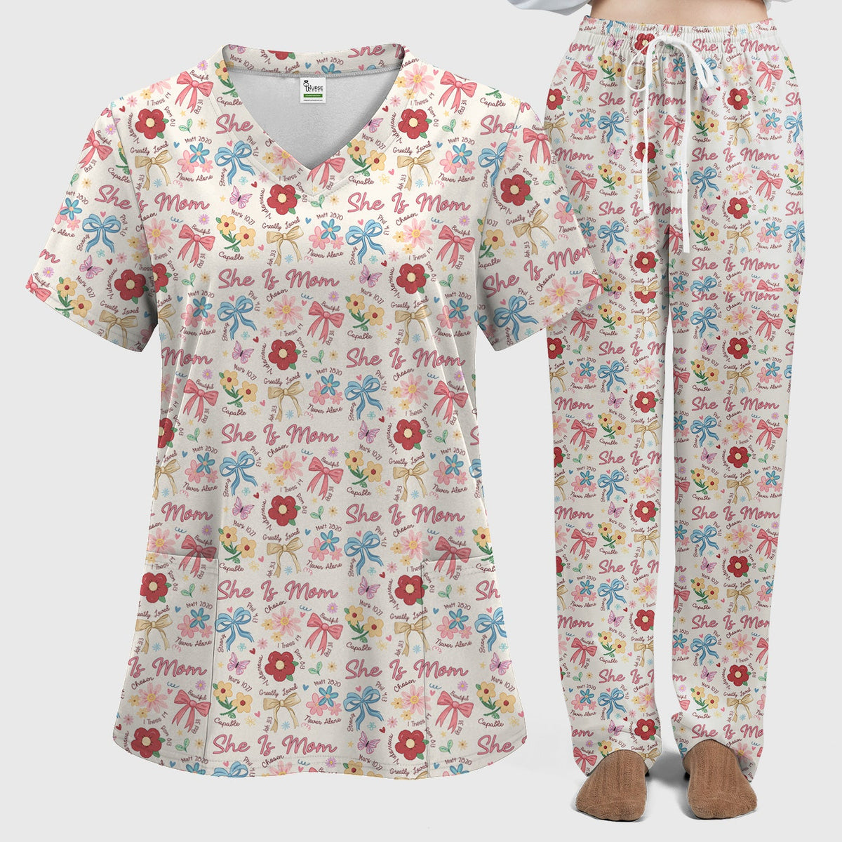 She Is Mom Flower Bow Nurse Scrub Set