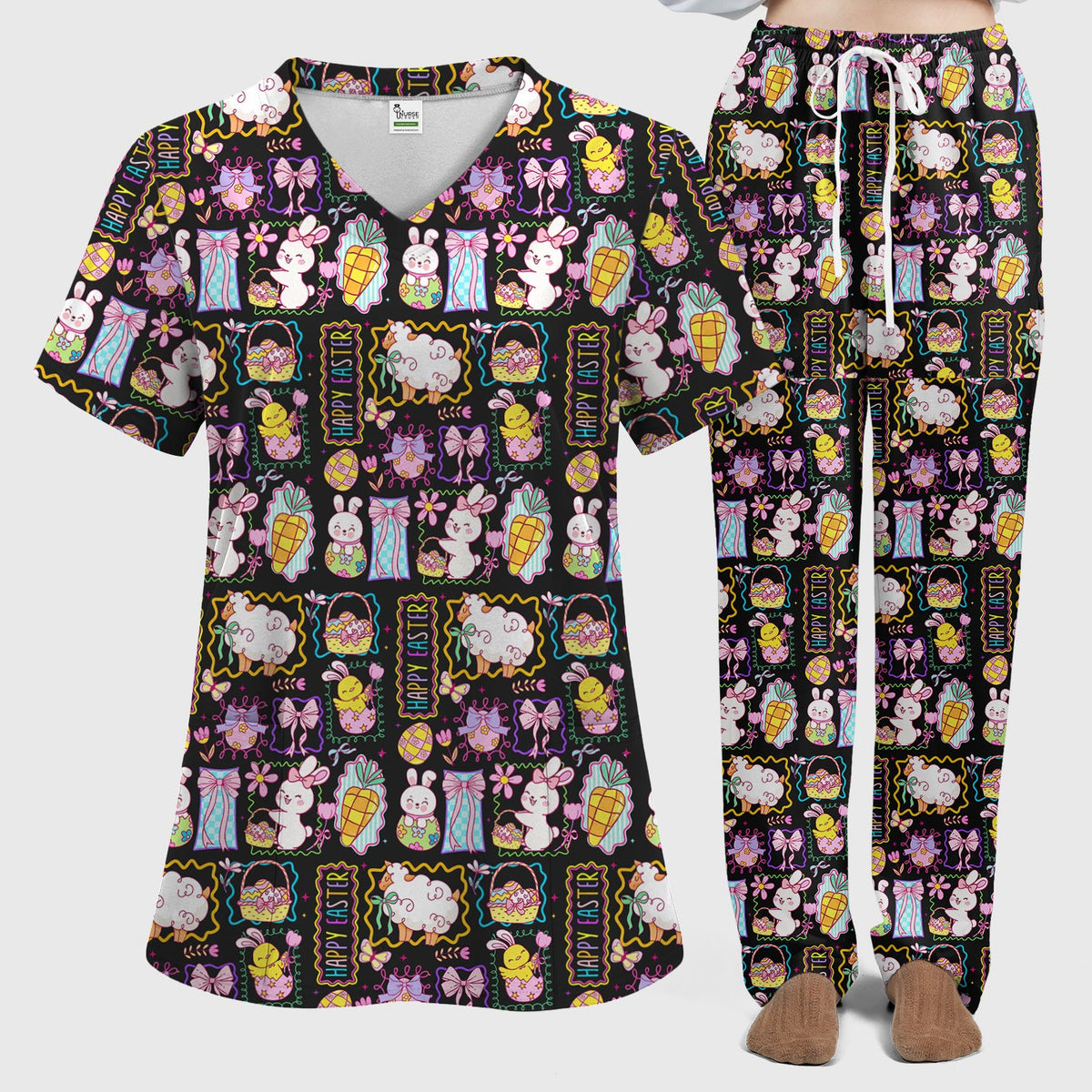 Cute Easter Bunny Egg and Bow Print Scrub Set, Scrub Pants and V Neck Top