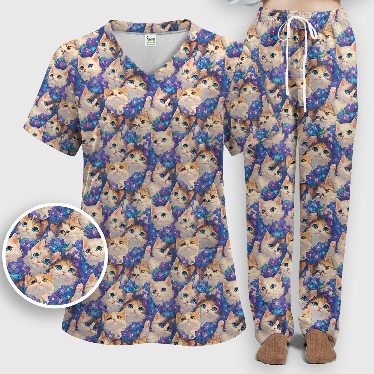 Cute Blue Eyed Kitten Nurse Scrub Set