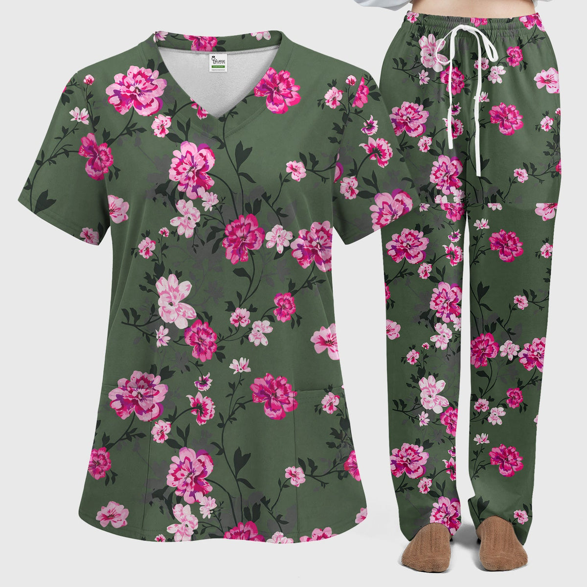 Pink Floral Blossom Nurse Scrub Set