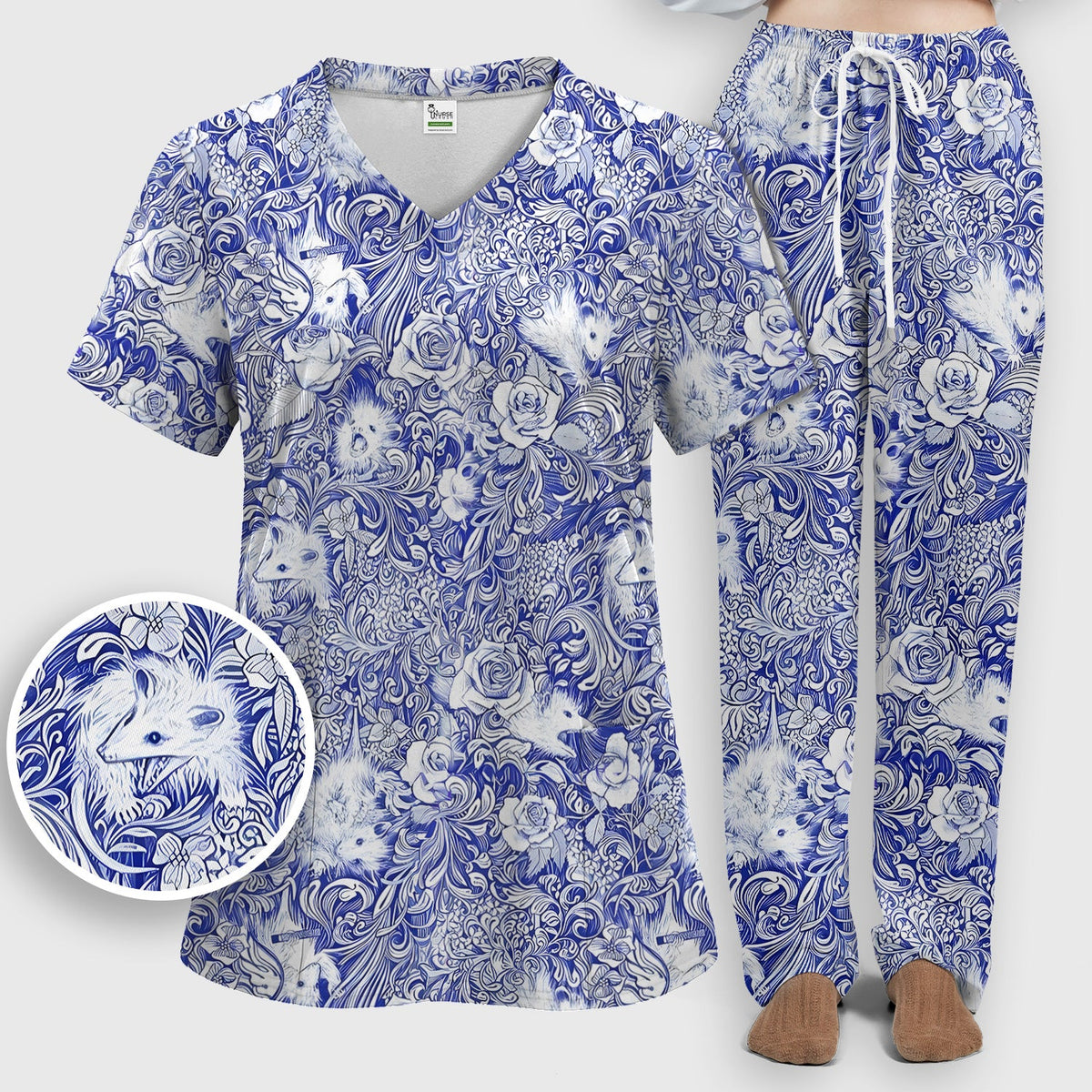 Blue Toile Porcupine Floral Nurse Scrub Set