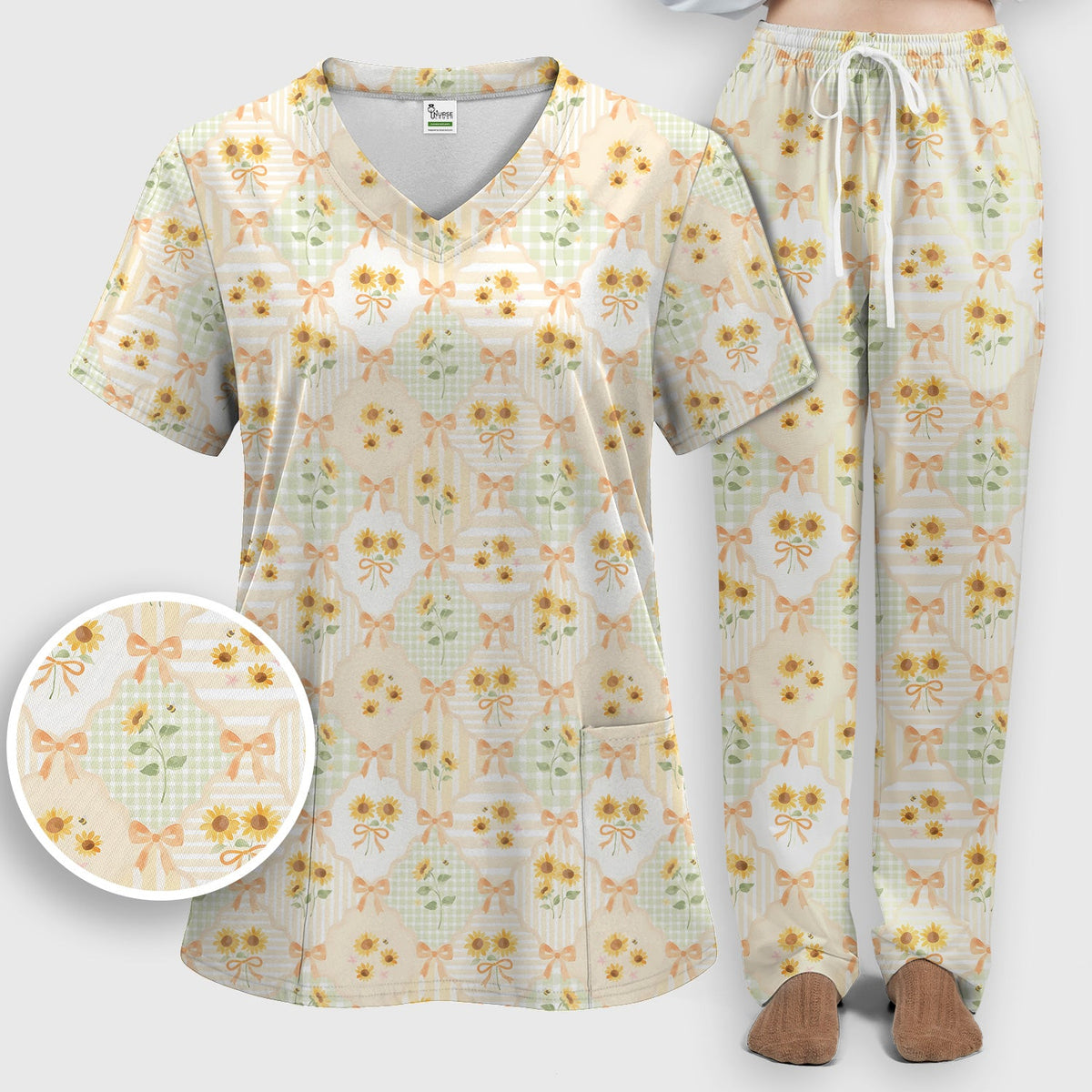 Sunflower Ribbon Patchwork Nurse Scrub Set
