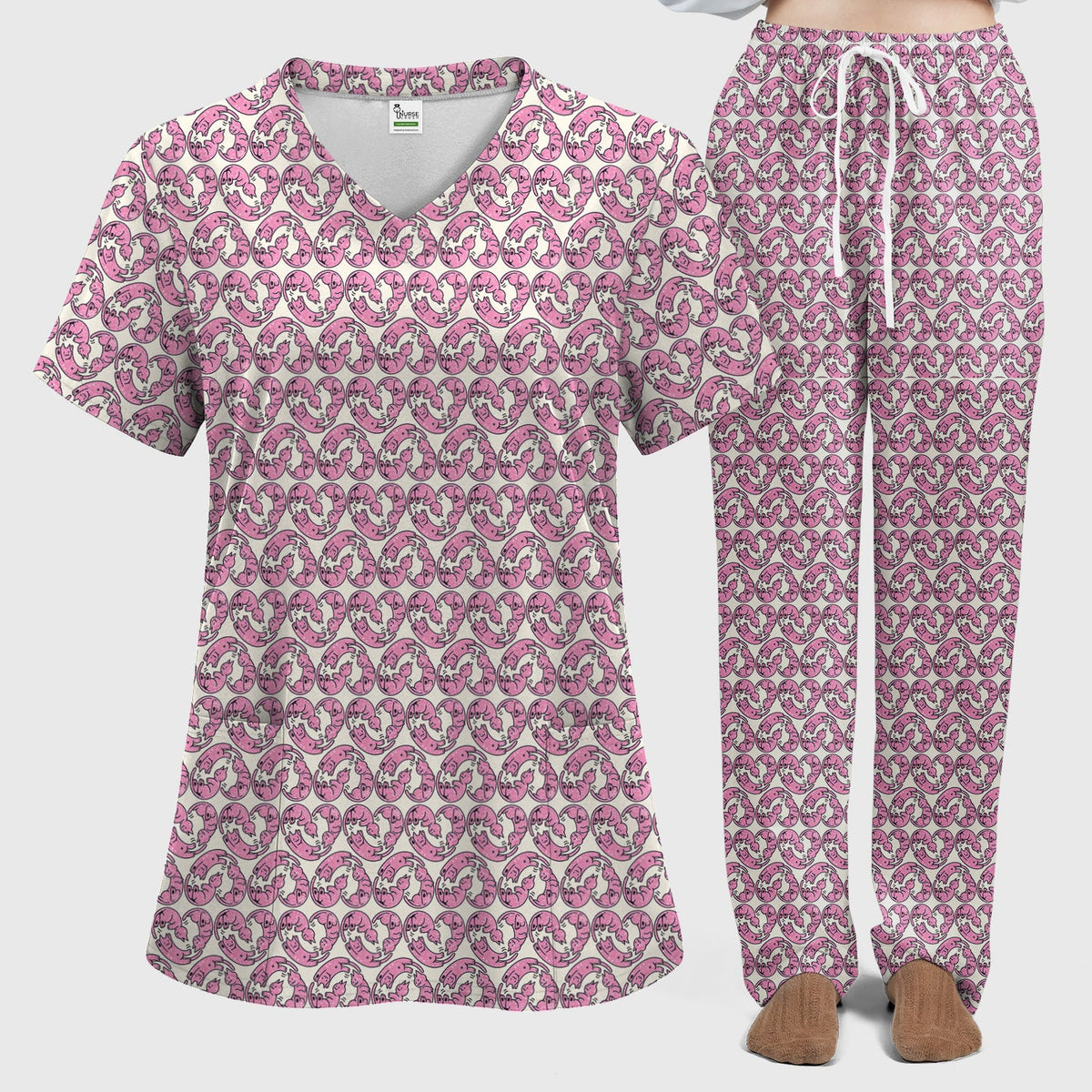 Pink Cat Cartoon Nurse Scrub Set