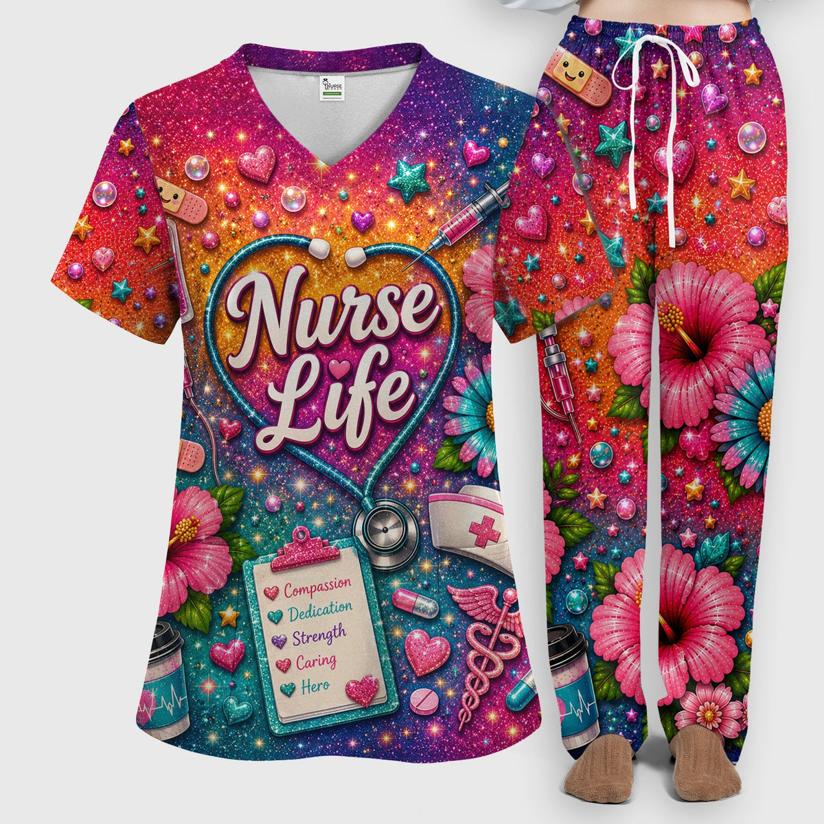 Colorful Nurse Life Heart Scrub Set