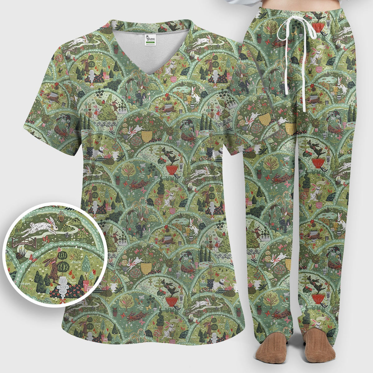 Whimsical Garden Scene Rabbit Nurse Scrub Set
