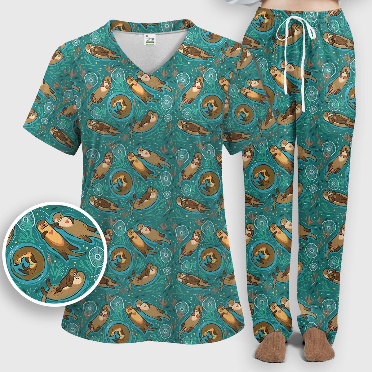 Sea Otter Floating Ocean Pattern Scrub Set, Scrub Pants and V Neck Top