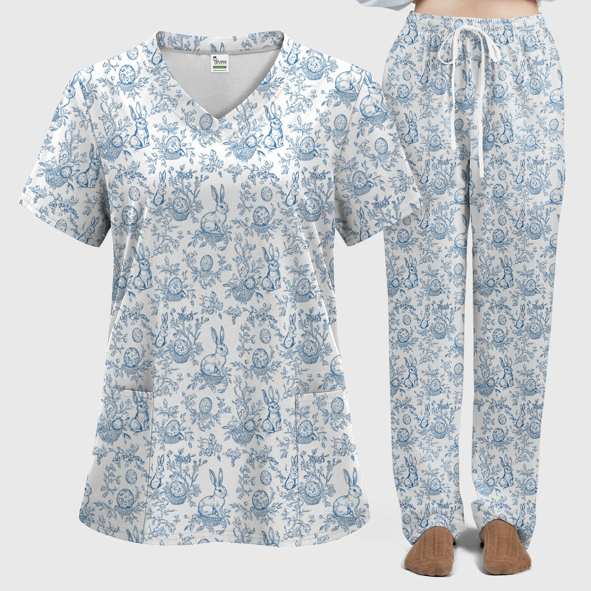 Easter Bunny Floral Egg Toile Pattern Design Print Set, Women's Scrub Sets