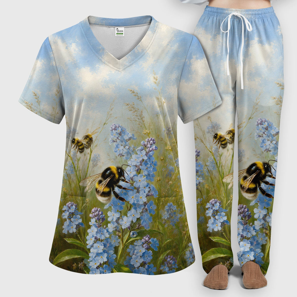 Whimsical Bumblebee Blue Blossom Nurse Scrub Set