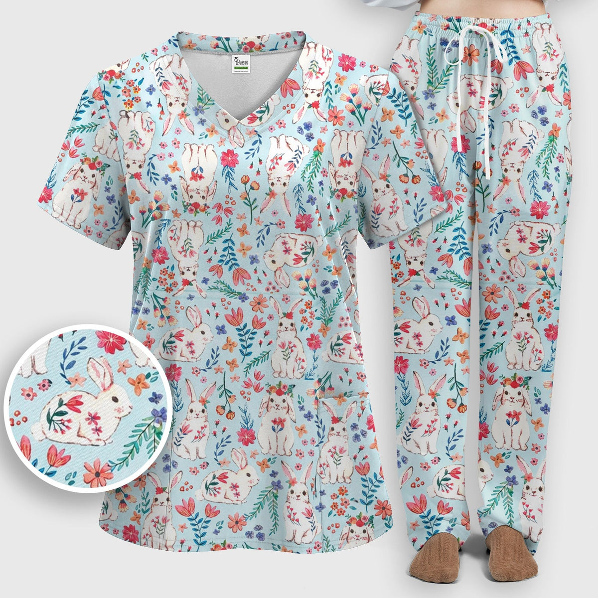 Springtime Bunny Floral Nurse Scrub Set