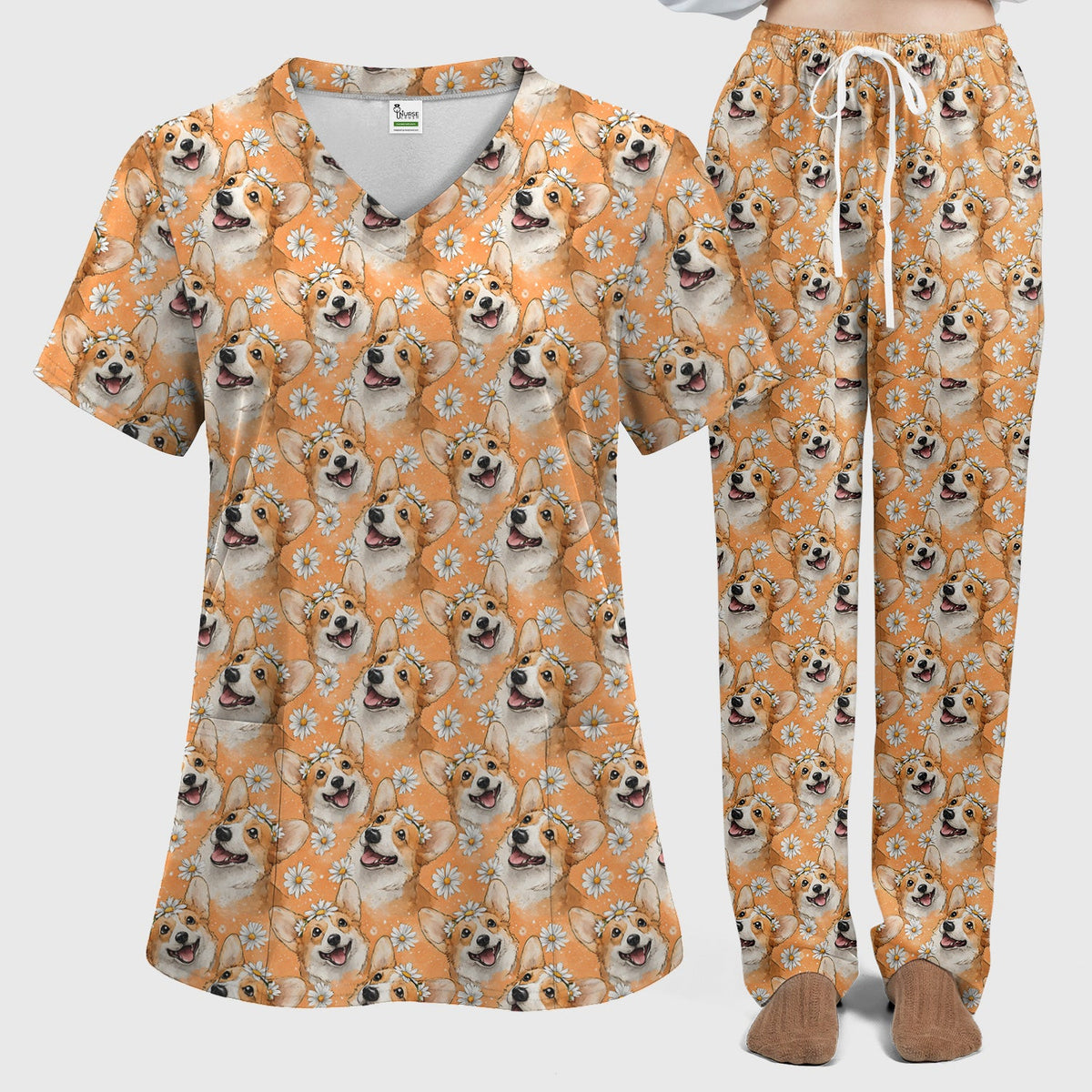Corgi Daisy Floral Orange Nurse Scrub Set