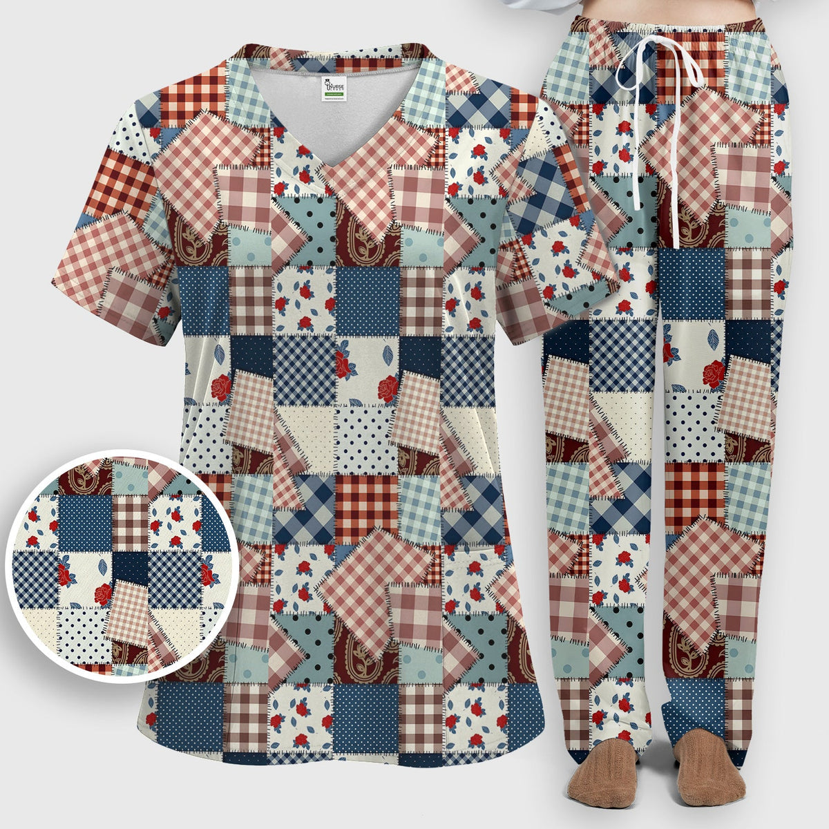 Retro Patchwork Plaid Quilt Nurse Scrub Set