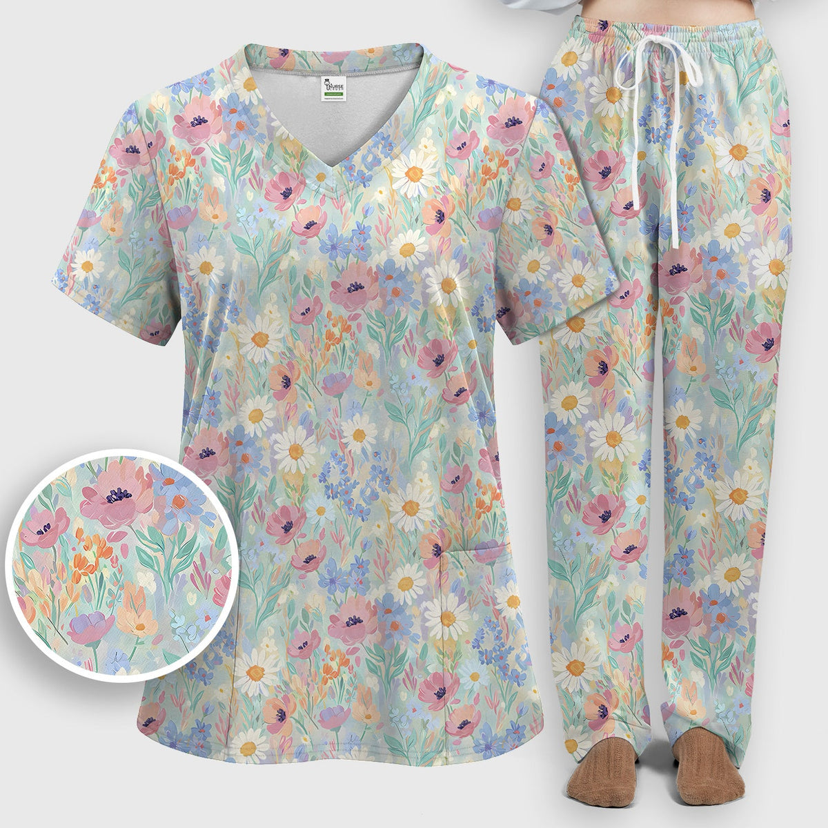 Pastel Wildflower Meadow Floral Nurse Scrub Set