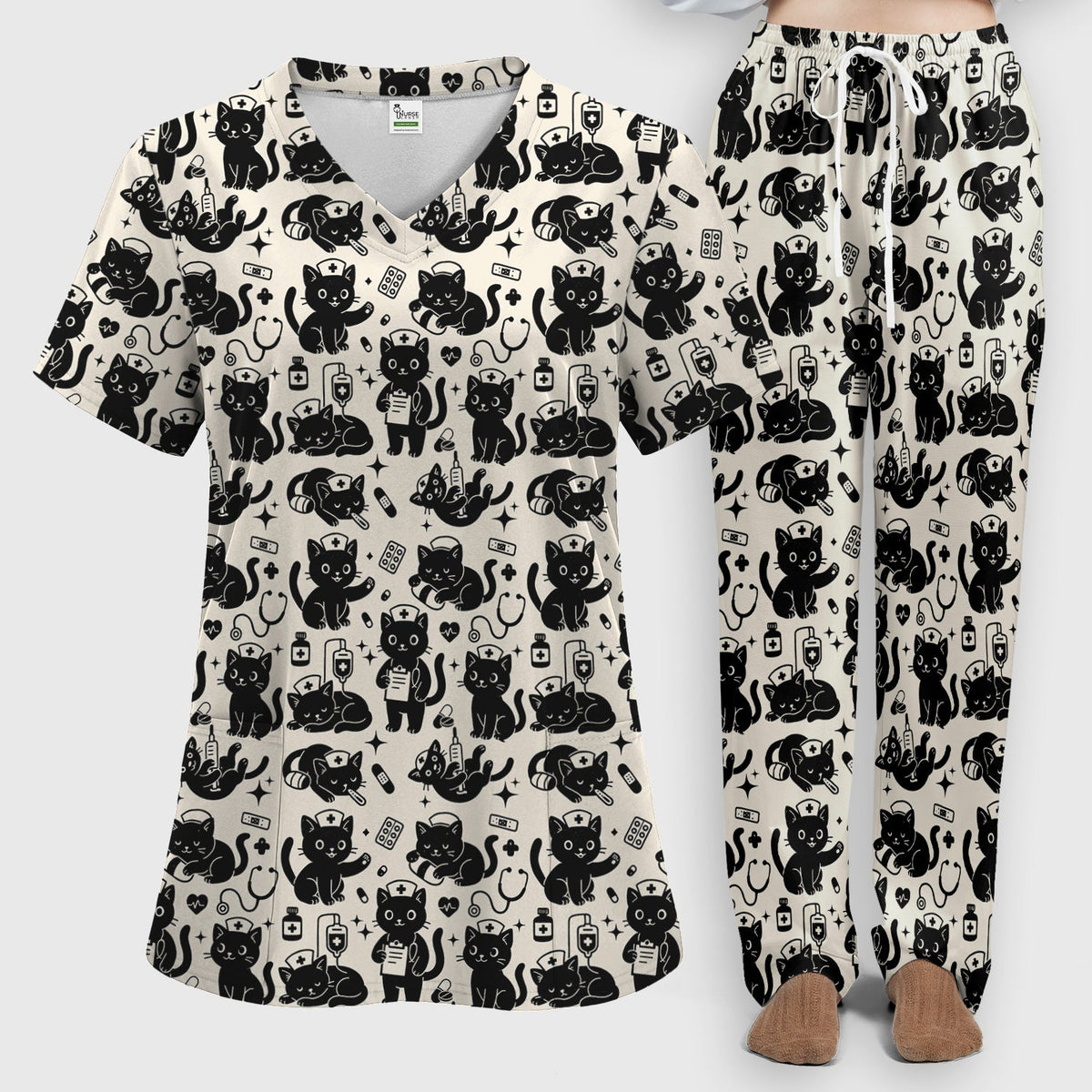 Cute White Black Cat Nurse Scrub Set