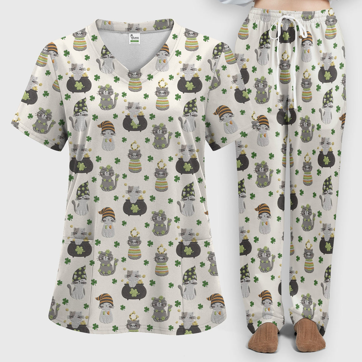 St Patrick Lucky Cat Shamrock Nurse Scrub Set
