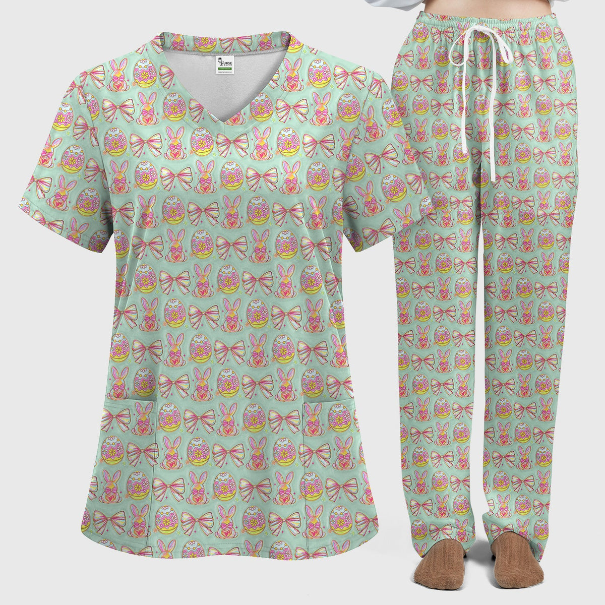 Bunny Pastel Egg Bow Nurse Scrub Set - Easter Gift