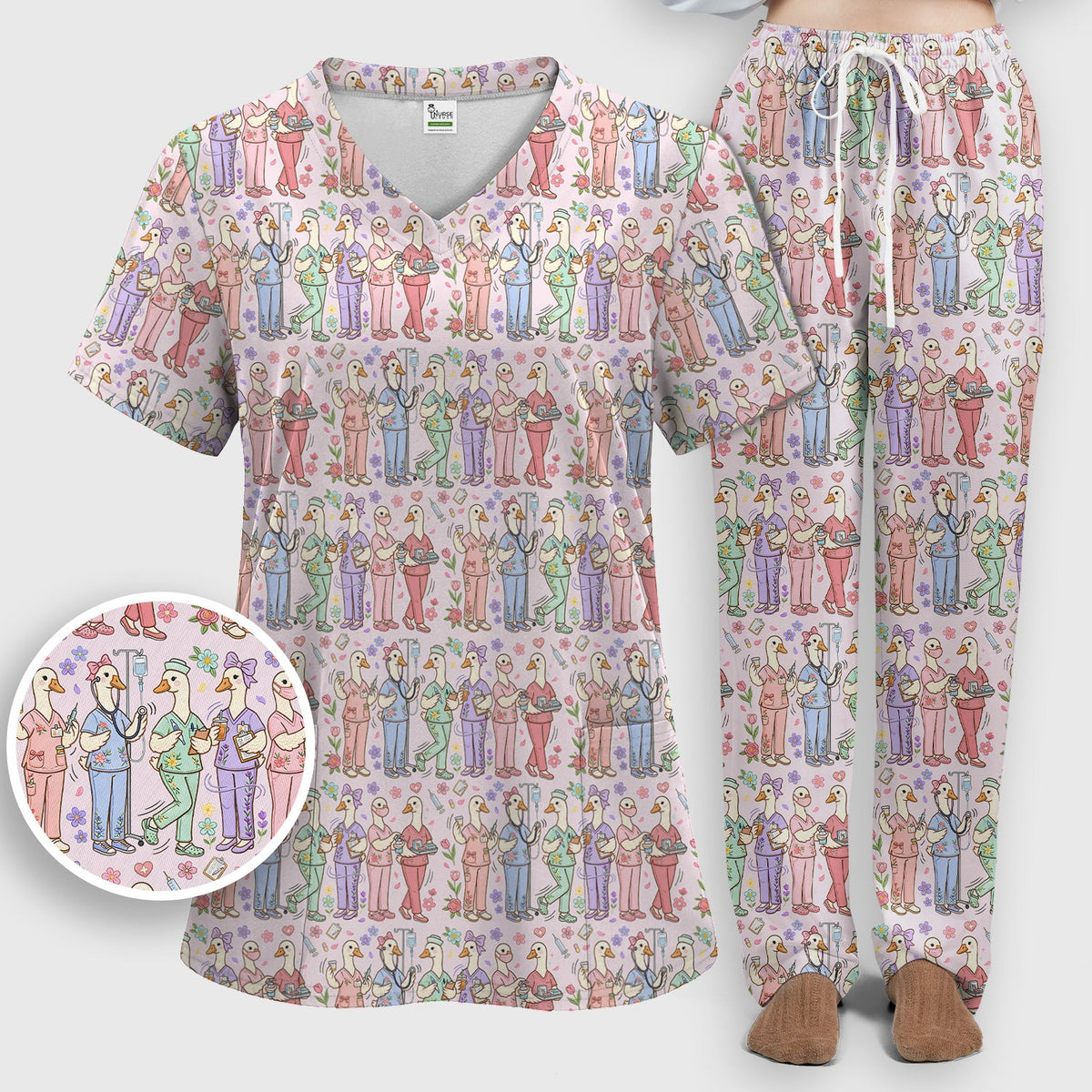 Goose Characters Floral Nurse Scrub Set