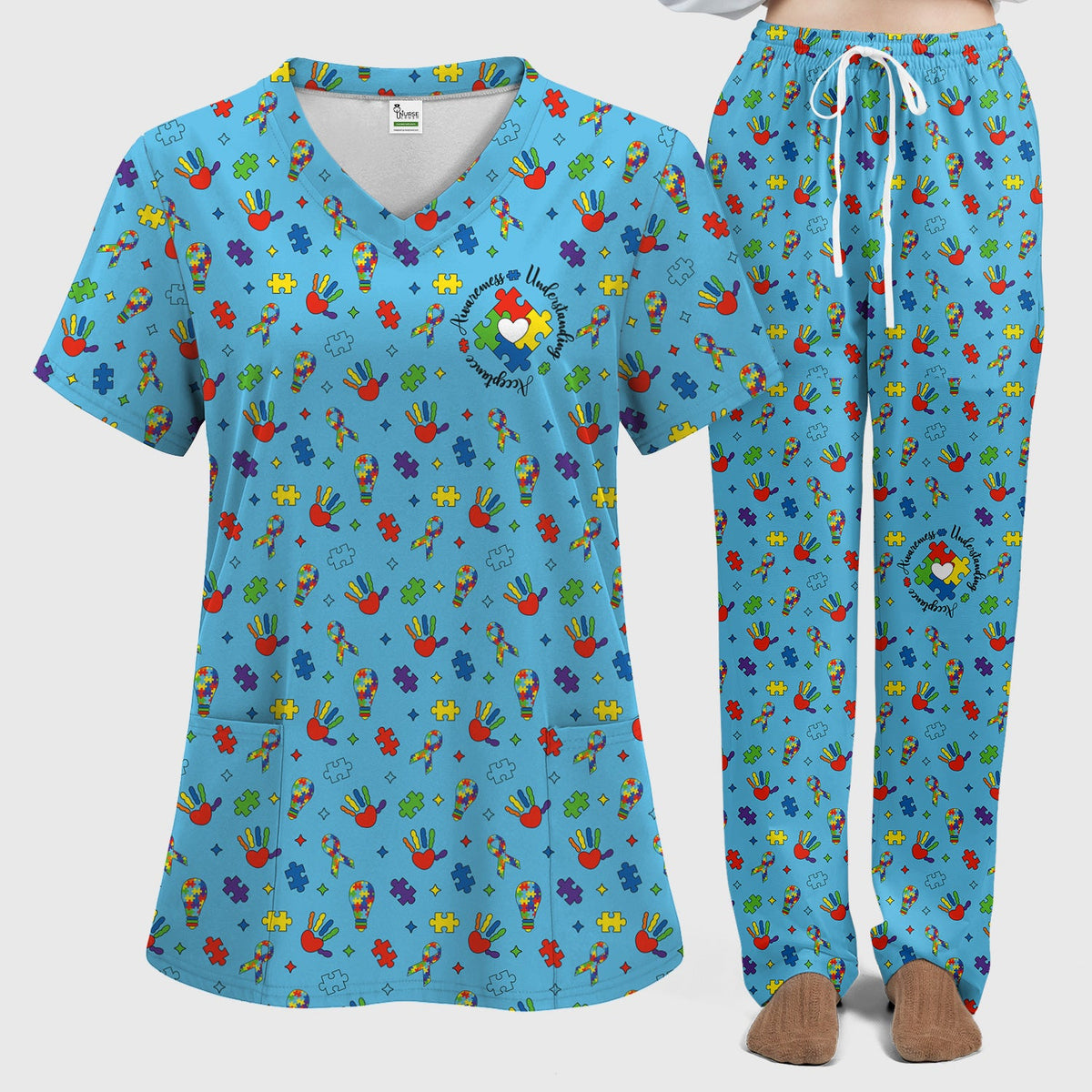 Autism Awareness Colorful Puzzle Nurse Scrub Set