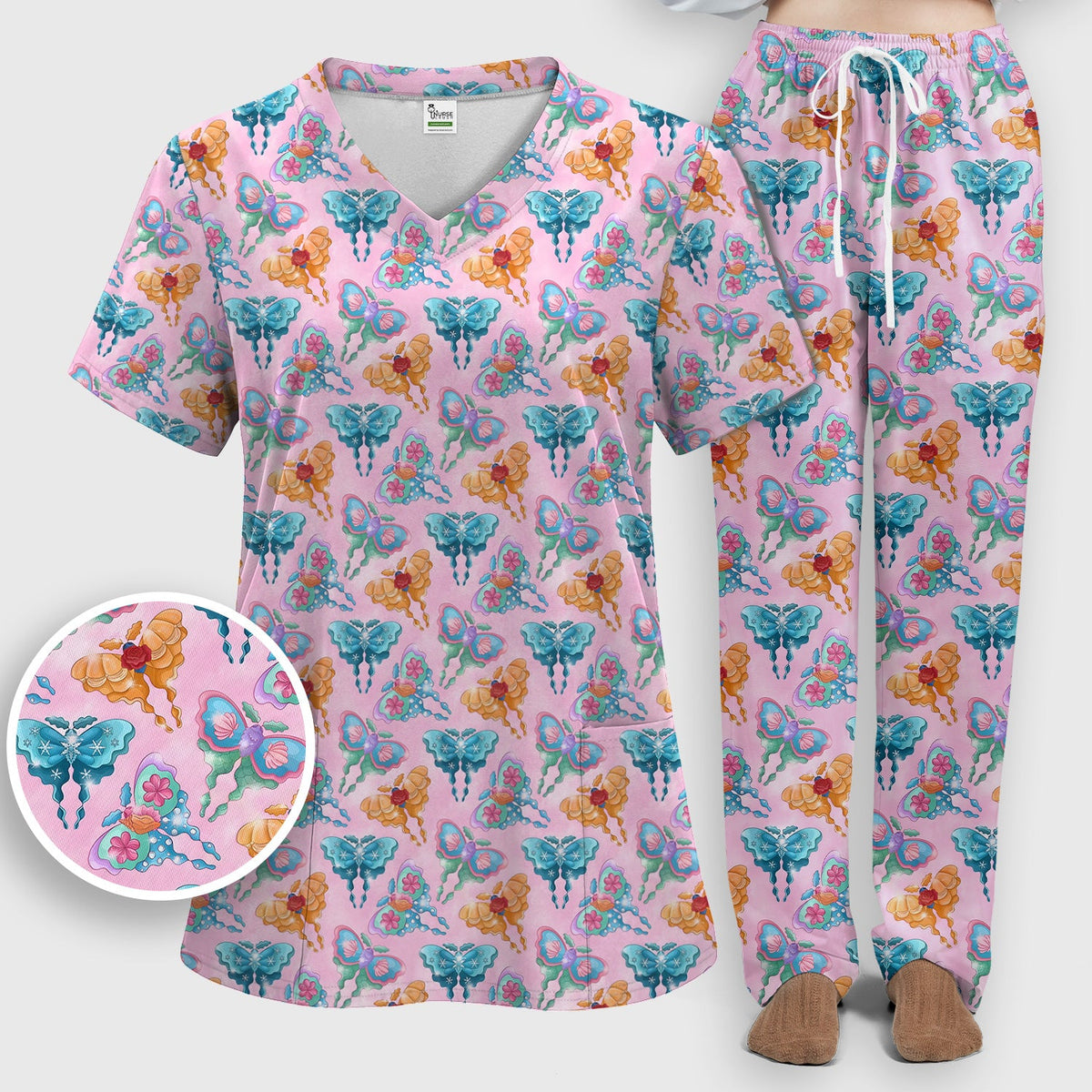 Colorful Butterfly Floral Blossom Nurse Scrub Set