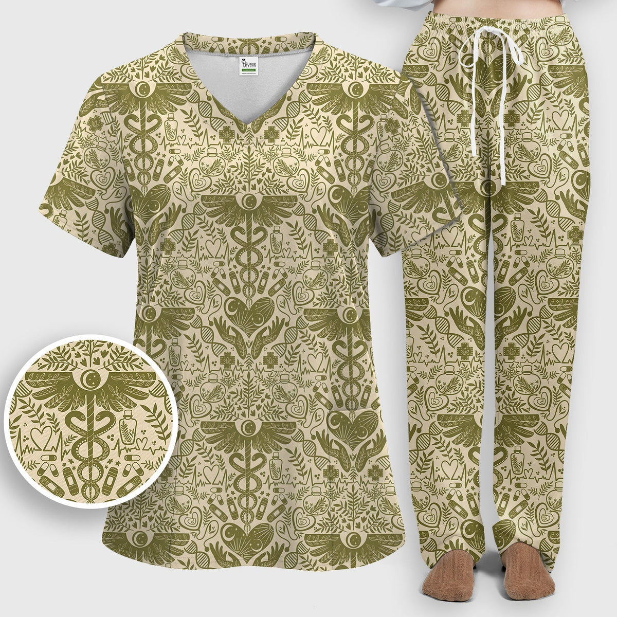 Botanical Caduceus Heart Nurse Scrub Set