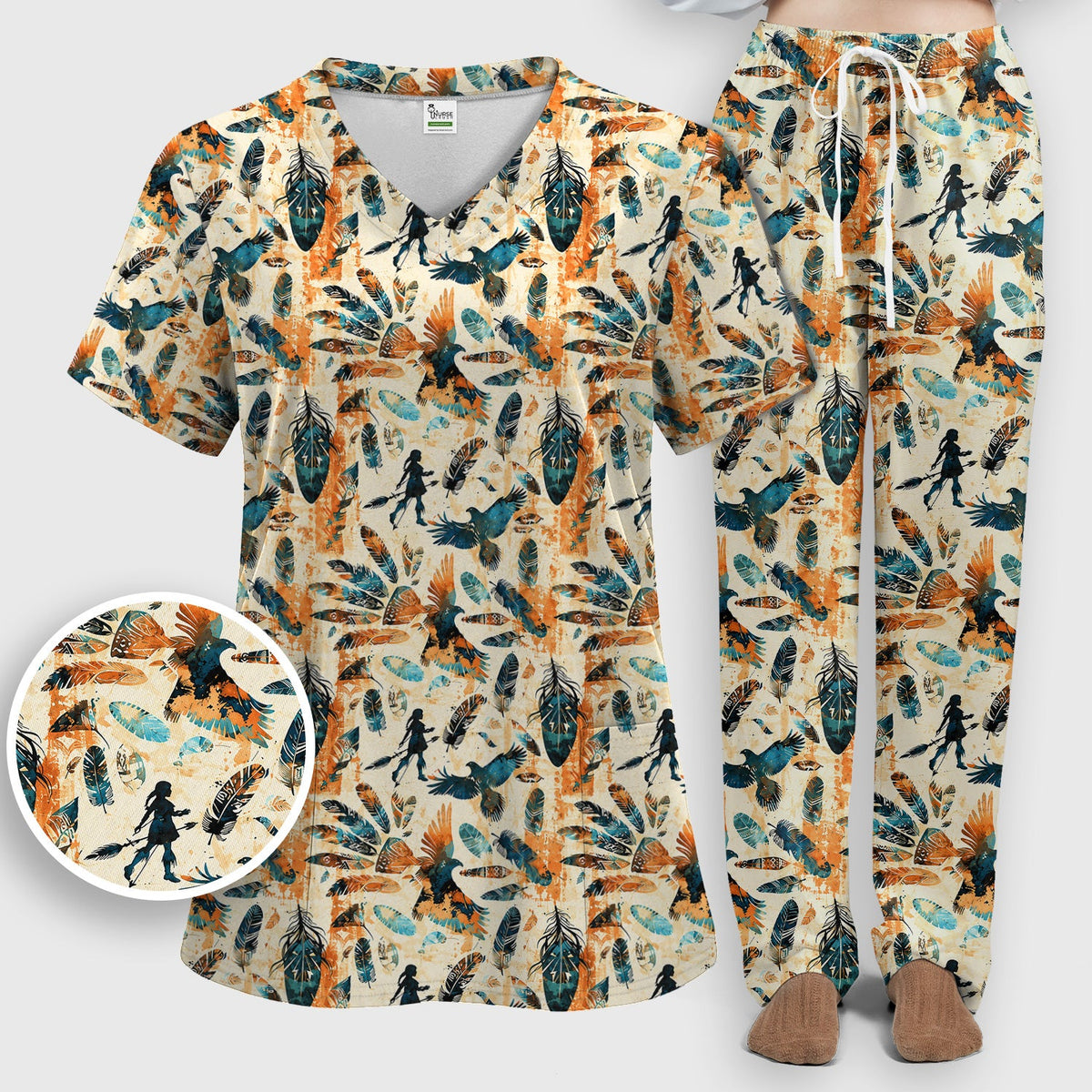 Feather Birds Tribal Nurse Scrub Set