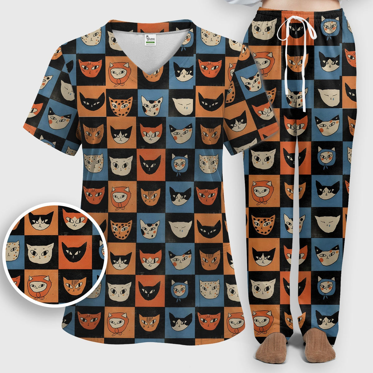 Retro Cat Checkerboard Nurse Scrub Set