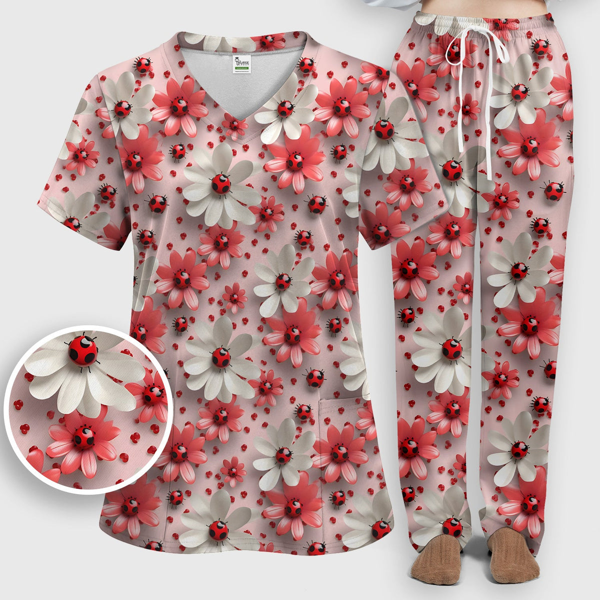 Red Ladybug Flower Nurse Scrub Set