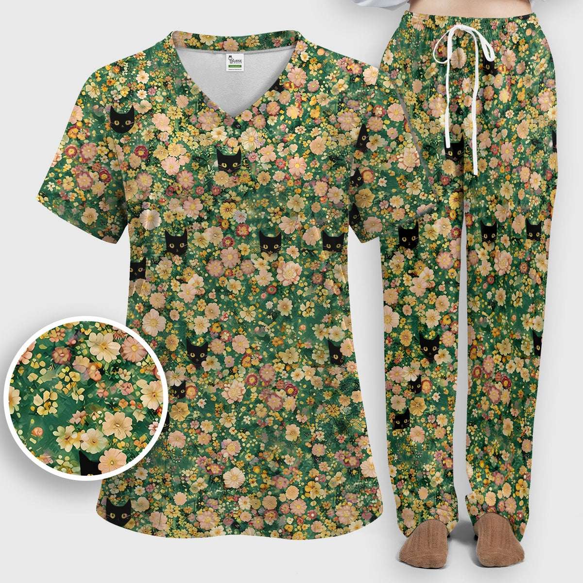 Cute Black Cat Floral Garden Nurse Scrub Set
