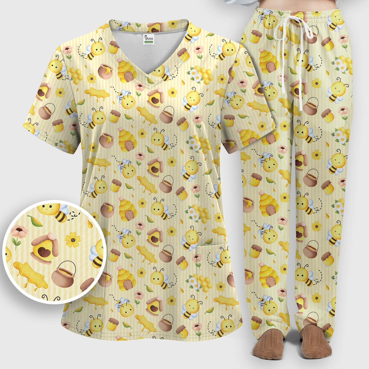 Cute Bee Honey Flower Stripe Nurse Scrub Set