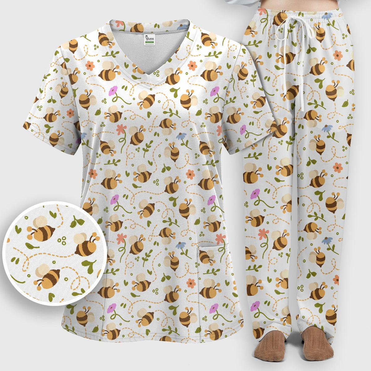 Bee Flying Floral Trail Garden Nurse Scrub Set