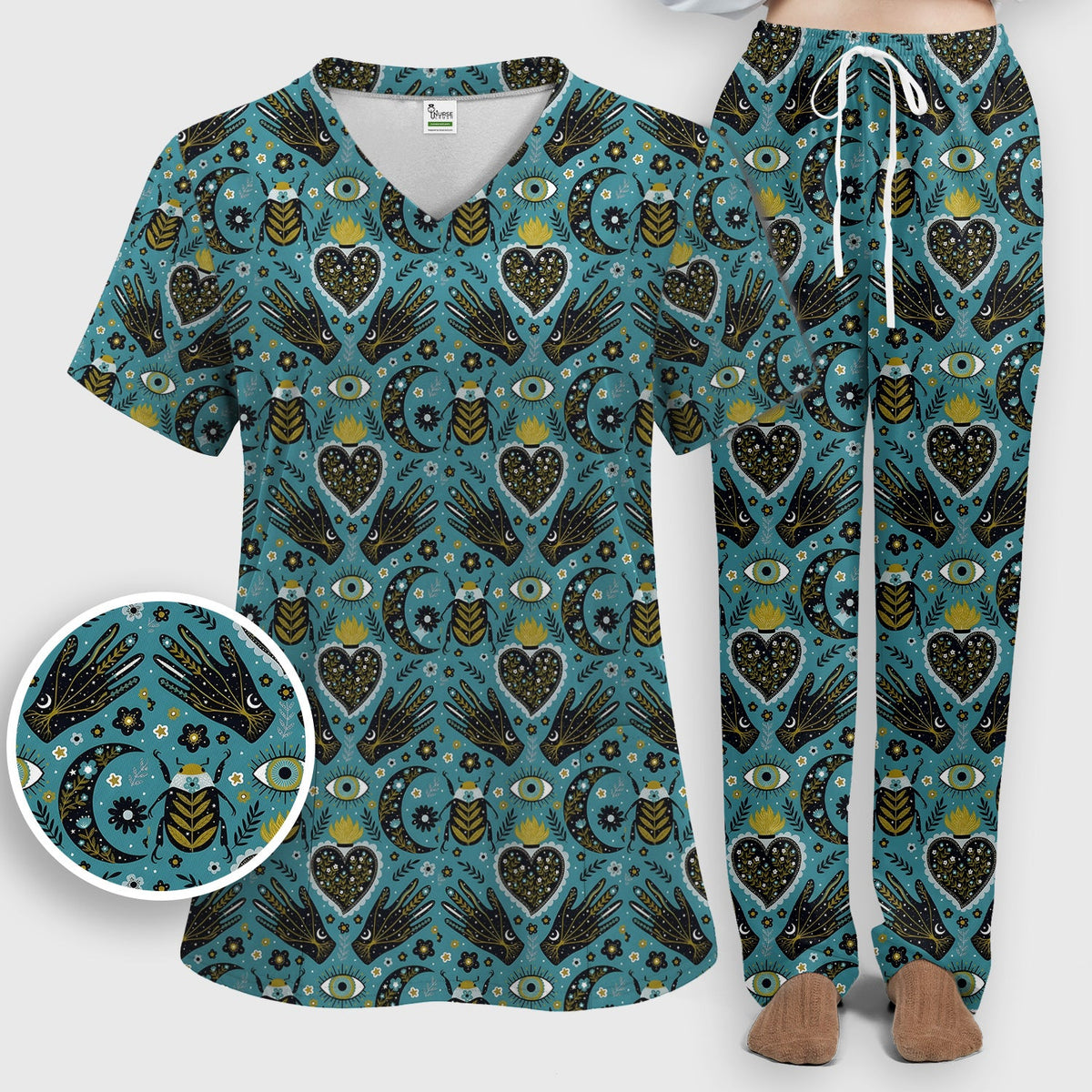 Mystic Celestial Heart Evil Eye Nurse Scrub Set