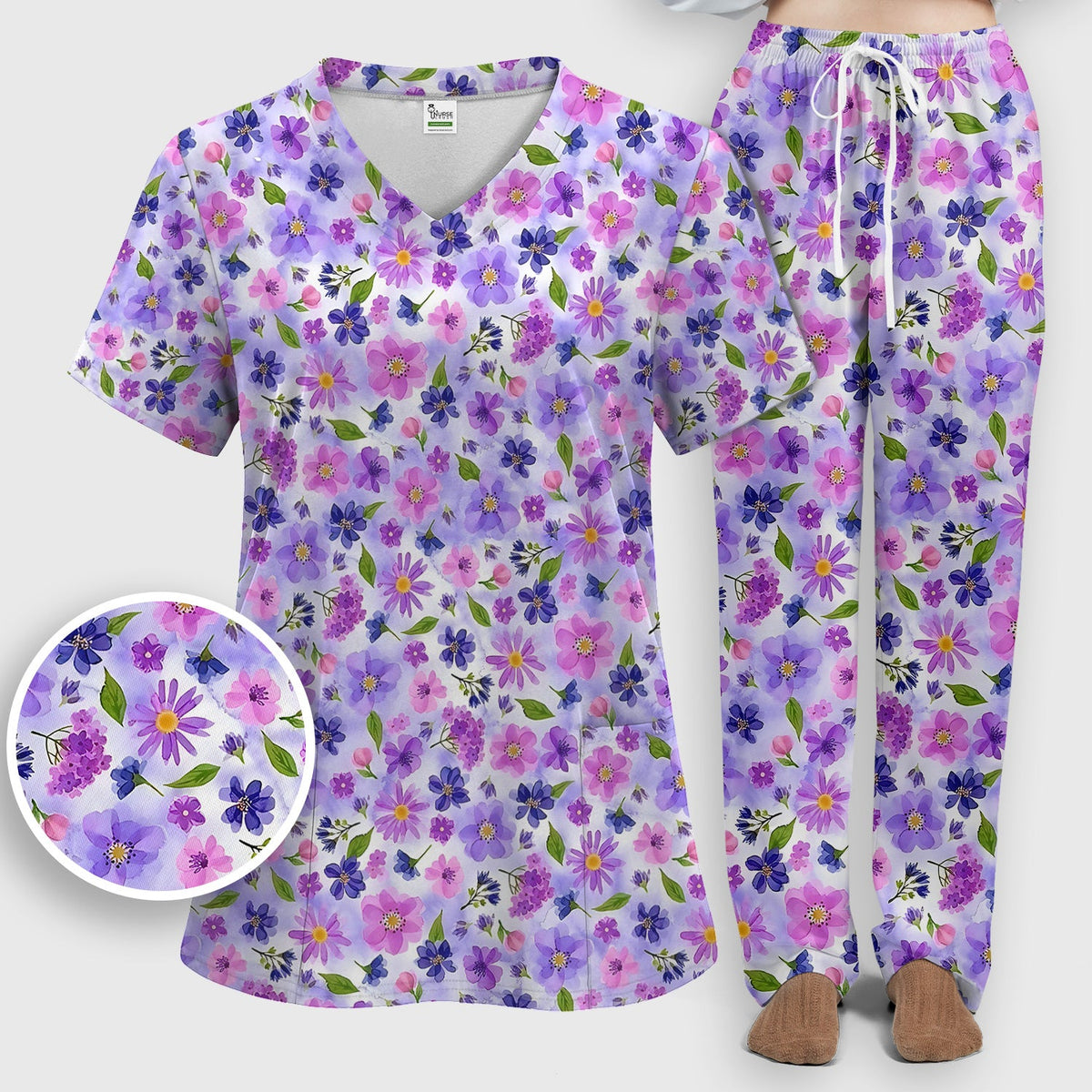 Purple Watercolor Wildflower Bloom Nurse Scrub Set