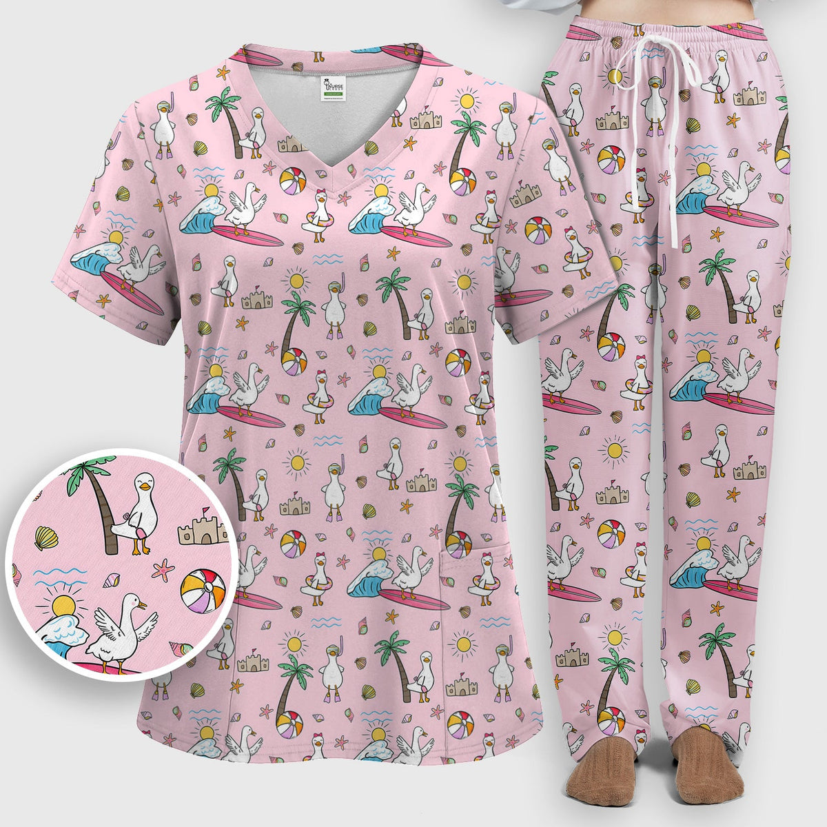 Seagull Surfboard Beach Palm Tree Nurse Scrub Set